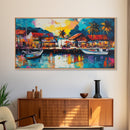 Coastal Village Painting, Nautical Wall Art, Tropical Landscape Art, Vibrant Art, Beach House Decor, Extra Wide Art, Canvas Print