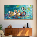 Duck Family, bird art, whimsical art, teal wall art, gift idea for her, landscape painting, extra wide art, Framed Canvas Print