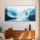 Misty Mountains, pine tree art, wabi sabi wall art, smoky mountain art, panoramic painting, nature painting, Framed Canvas Print