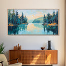 Tranquil Lake, pine tree art, landscape painting, smoky mountain art, panoramic painting, nature painting, Framed Canvas Print