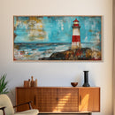 Red Lighthouse, nautical painting, coastal wall art, beach house decor, ocean painting, framed canvas print, above couch art