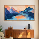 Twilight Peaks, pink orange wall art, framed canvas print, panoramic painting, above sofa art, extra wide art, landscape painting