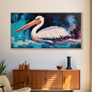 Bird art, pelican painting, framed canvas print, coastal decor, extra wide art, tropical painting, colorful abstract wall art