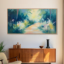 Serene Woodland Trail, wildflower painting, botanical prints, landscape painting, rustic decor, extra wide art, Framed Canvas Print