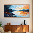 Sunset Lake Reflection, panoramic art, landscape painting, framed canvas print, mountain painting, extra wide art