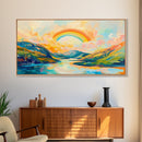 Rainbow Over Mountains, landscape painting, panoramic art, framed canvas print, extra wide art, mountain painting, colorful art