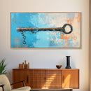 Rustic Key Painting, teal wall art, farmhouse art, coastal decor, framed canvas print, wabi sabi art, extra wide art, moody art