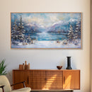Lake Tahoe Art, Snowy Landscape, Winter Cabin Decor, Framed Canvas Print, Blue and Green Wall Art, Horizontal Wall Art