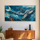Blue whale, ocean waves, Canvas Print, whale painting, nautical decor, coastal wall art, seascape painting, extra wide art