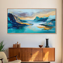 Serene Fjord, mountain painting, lake Tahoe art, blue and green wall art, panoramic painting, extra wide art, Framed Canvas Print, above sofa art