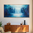 Majestic Waterfall, moody art, blue and green wall art, landscape painting, wabi sabi art, Framed Canvas Print, nature inspired art
