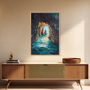 Sunlit Ocean Grotto, seascape painting, nautical painting, tropical wall art, blue and green wall art, Framed Canvas Print