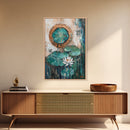 Lotus, Gold, Abstract, Framed Canvas Print, wabi sabi art, mosaic wall art, teal wall art, zen wall art, sacred geometry wall art
