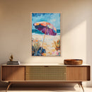 Beach Umbrella, Coastal Wall Art, Seascape Painting, Nautical Decor, Ocean Painting, Coastal Landscape Art, Framed Canvas Print