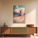 Fantasy Castle Framed Canvas Print Dreamy Coastal Art, Whimsical Beach Painting, Living Room Wall Decor, Pastel Ocean Landscape