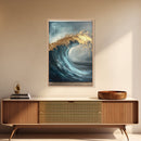 Majestic Ocean Wave Canvas Print Abstract Coastal Art, Gold and Blue Beach Wall Decor, Surfing Aesthetic, Living Room Accent