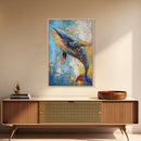 Blue Whale Framed Canvas Print Ocean Wildlife Art Colorful Nautical Wall Decor Coastal Home Aesthetic Sea Lover Gift