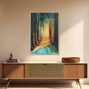 Golden Forest, moody art, pine tree art, wabi sabi wall art, landscape painting, rustic decor, Framed Canvas Print, autumn decor