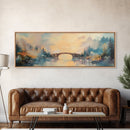 Misty Bridge Framed Canvas Print, Dreamy Lake Landscape Wall Art, Autumn Home Decor, Romantic Nature Painting, Serene Wall Artwork