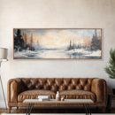 Serene Winter Forest Framed Canvas Print, Snowy Landscape Painting, Cozy Christmas Wall Art, Neutral Rustic Home Decor, Lodge Art