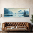 Foggy Mountain Lake Framed Canvas Print Tranquil Nature Wall Art, Misty Forest Landscape, Cool Blue Artwork, Cabin or Office Decor