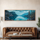 Tranquil Lake Landscape Wall Art, Blue Nature Painting, Rustic Lodge Decor, Large Wide Artwork, Living Room Wall Art