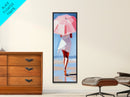 Woman with Umbrella, Summer Vibes, Framed Canvas Print, Coastal Minimalist, Soft Pastel Art, Relaxing Wall Art, Living Room Decor