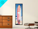 Pink Surfboard, Beach House Art, Coastal Aesthetic, Surfer Lifestyle, Summer Vibes, Ocean Theme Framed Canvas Print, Modern Wall Decor