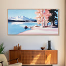 Mountain Lake, Pink Trees, Nature Art, Canvas Print, Cabin Wall Decor, Living Room Landscape, Winter Painting, Minimalist Nature Art