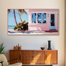 Seaside Cottage, Beach House, Coastal Living, Palm Trees, Ocean Breeze, Tropical Getaway, Minimalist Art, Nautical Theme, Canvas Print
