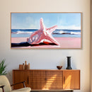 Starfish on Beach, Coastal Wall Art, Ocean Inspired Decor, Nautical Framed Canvas Print, Blue and Pink Summer Vibes Artwork