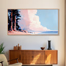 Seaside Pines, Coastal View, Tranquil Landscape, Canvas Print, Nature Wall Art, Beach House Decor, Living Room Art, Blue Minimalist Art