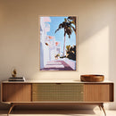 Tropical Balcony View, Palm Tree Painting, Coastal Boho Art, Framed Canvas Print, Mediterranean Aesthetic, Living Room Wall Art, Beach House Decor
