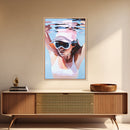 Woman swimming, Coastal Serenity Art, Framed Canvas Print, Modern Beach House Decor, Soft Pastel Seascape, Minimalist Landscape Painting