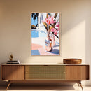 Poolside Flowers, Elegant Floral Painting, Sunlit Summer Decor, Mediterranean Art Style, Framed Canvas Print, Dining Room Wall Art