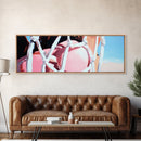 Rope Swing, Woman in Pink, Sunlit Sky, Framed Canvas Print, Summer Wall Art, Minimalist Decor, Feminine Aesthetic, Boho Art
