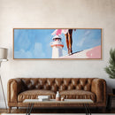 Lighthouse View, Ocean, Feminine, Framed Canvas Print, Coastal Wall Art, Beach Aesthetic, Boho Decor, Nautical Theme, Serene Home Art