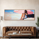 Woman Under Umbrella, Beach Relaxation, Summer Scene, Framed Canvas Print, Minimalist Boho Art, Seaside Wall Decor, Nautical Artwork