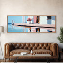 Poolside Reflection, Elegant Patio, Coastal Artwork, Framed Canvas Print, Summer Aesthetic, Modern Living Room Decor, Soft Blues