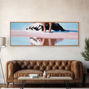 Seated on Rock, Serene Beach, Pink Tones, Coastal Minimalism, Contemporary Decor, Canvas Print, Bedroom Wall Art, Boho Vibes