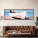 White Canoe, Coastal Wall Art, Seaside Aesthetic, Framed Canvas Print, Minimalist Boat Painting, Nautical Beach House Art, Ocean Decor