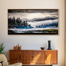 Misty Forest, Foggy Mountains, Tranquil Nature, Framed Canvas Print, Nordic Wall Art, Living Room Decor, Large Landscape, Moody Home Art