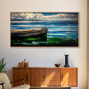 Lonely Boat, Ocean Painting, Nautical Home Decor, Framed Canvas Print, Coastal Wall Art, Blue Water Art, Beach House Art