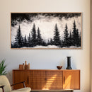 Pine Trees, Fog, Winter, Black and White, Framed Canvas Print, Mountain Art, Rustic Cabin Decor, Christmas Gift, Minimalist Home Wall Art