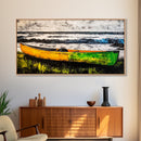 Canoe on the Shore, Rustic Nature Canvas Print, Lake House Wall Art, Autumn Painting, Outdoors Inspired Decor, Framed Canvas Print