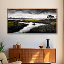 Marshland Scene, Serene Landscape, Black and White Nature Art, Modern Decor, Misty Grasslands, Living Room Artwork, Framed Canvas Print