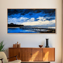 Blue Pier, Lake Scene, Stormy Sky, Framed Canvas Print, Nautical Art, Minimalist Landscape, Bedroom Wall Decor, Large Wall Art