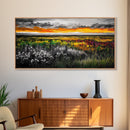 Vibrant Sunset, Colorful Sky, Wildflower Meadow, Framed Canvas Print, Fall Landscape, Nature Art, Living Room Decor, Rustic Warmth
