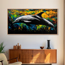 Dolphin, Ocean, Vibrant, Abstract, Framed Canvas Print, Colorful Sea Life Wall Art, Coastal Decor, Beach House Art, Nautical Theme