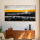 Sunrise Over Fields, Golden Light, Black and White Contrast, Tranquil Scene, Minimalist Wall Art, Warm Tones, Framed Canvas Print